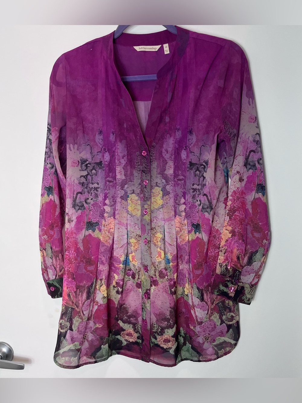 Soft Surroundings Purple Harmonia Tunic Sheer Floral Button-Front Blouse XS